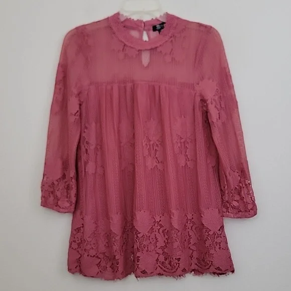Miss Chievous Rose Pink Lace Long Sleeve Pullover Top M
